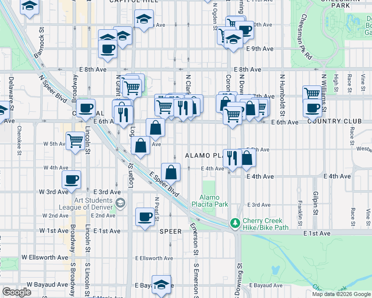 map of restaurants, bars, coffee shops, grocery stores, and more near 518 North Clarkson street in Denver