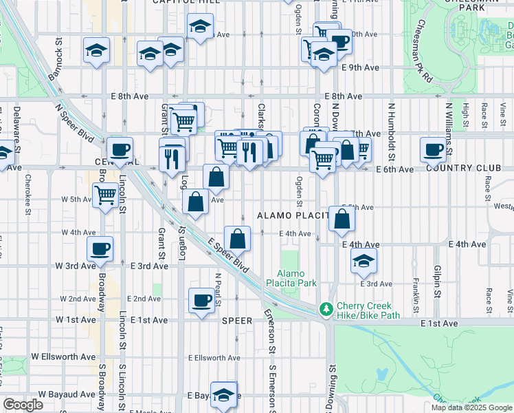 map of restaurants, bars, coffee shops, grocery stores, and more near 518 North Clarkson street in Denver