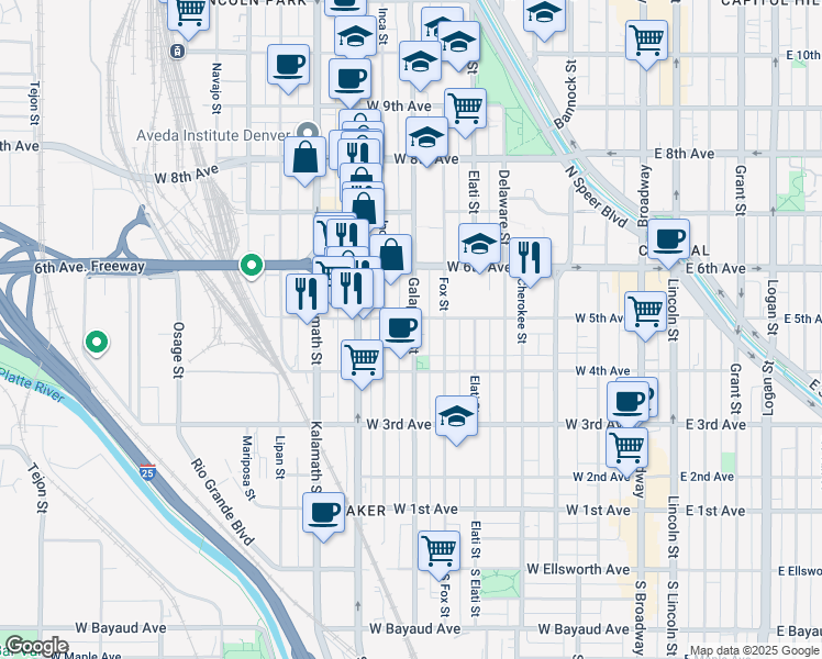 map of restaurants, bars, coffee shops, grocery stores, and more near 512 Inca Street in Denver