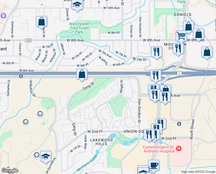 map of restaurants, bars, coffee shops, grocery stores, and more near 579 Wright Street in Lakewood