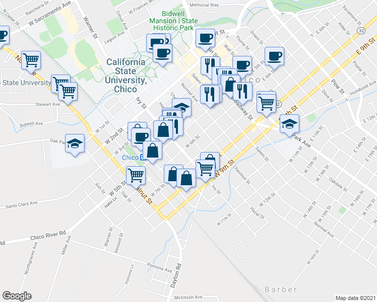 map of restaurants, bars, coffee shops, grocery stores, and more near 544 Hazel Street in Chico