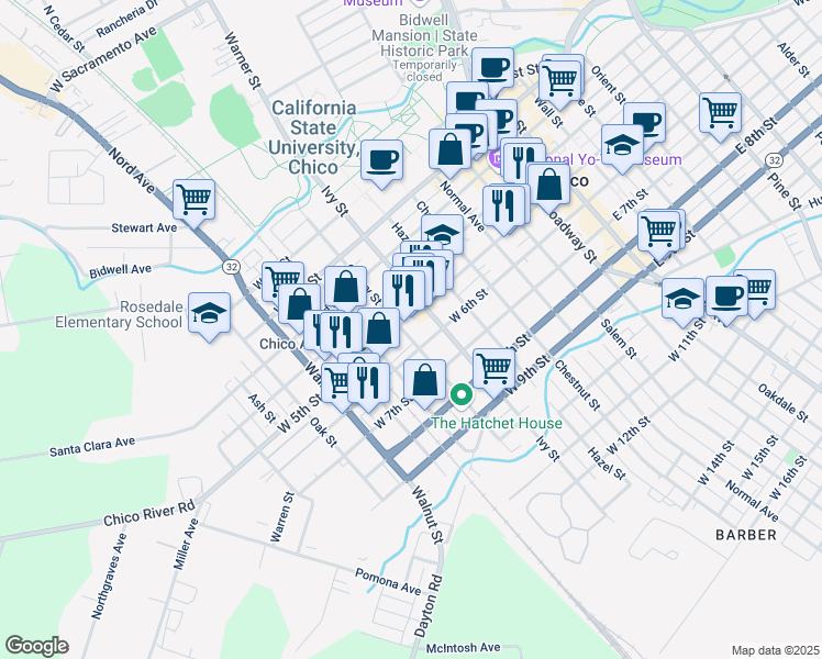 map of restaurants, bars, coffee shops, grocery stores, and more near in Chico