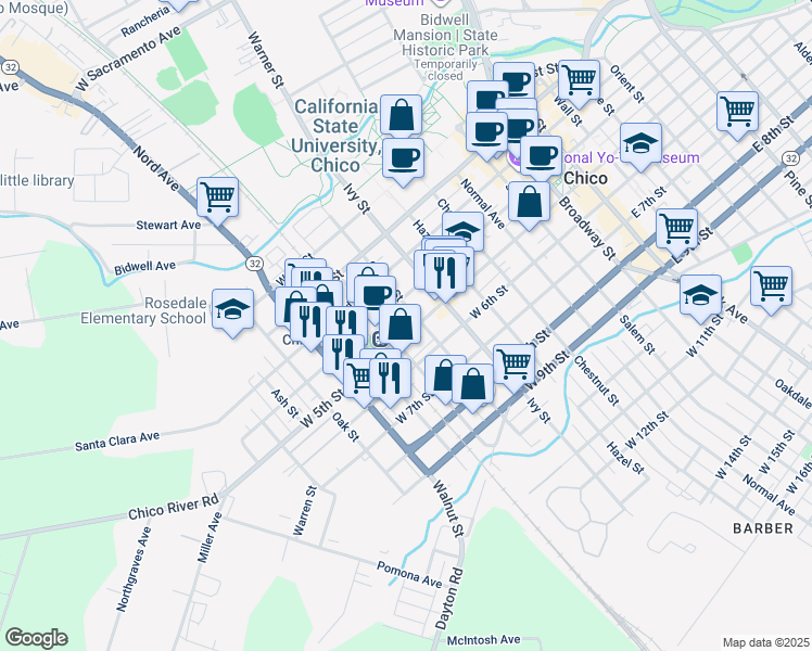 map of restaurants, bars, coffee shops, grocery stores, and more near in Chico