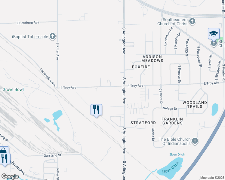 map of restaurants, bars, coffee shops, grocery stores, and more near 5920 East Troy Avenue in Indianapolis