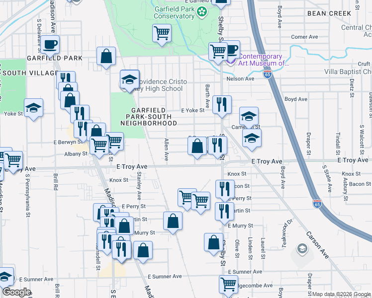 map of restaurants, bars, coffee shops, grocery stores, and more near 961 East Berwyn Street in Indianapolis