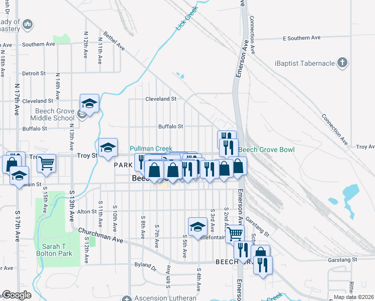 map of restaurants, bars, coffee shops, grocery stores, and more near 130 North 4th Avenue in Beech Grove