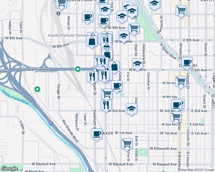 map of restaurants, bars, coffee shops, grocery stores, and more near 506 Santa Fe Drive in Denver