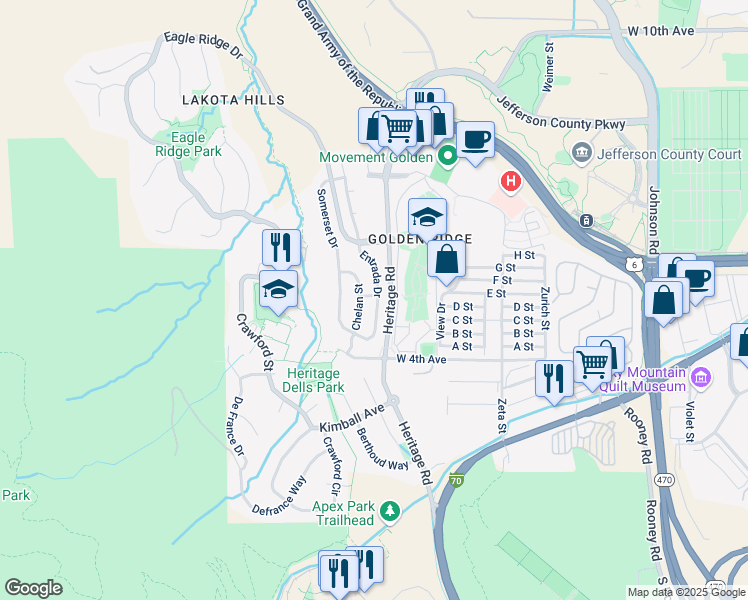 map of restaurants, bars, coffee shops, grocery stores, and more near 483 Entrada Drive in Golden