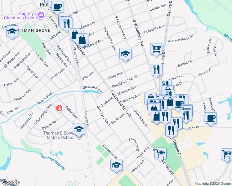 map of restaurants, bars, coffee shops, grocery stores, and more near 41 Jefferson Avenue in Pitman