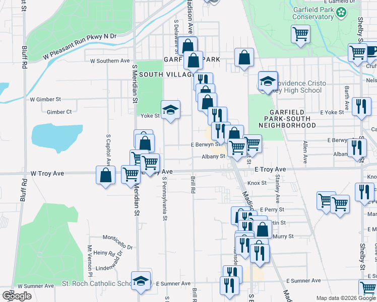 map of restaurants, bars, coffee shops, grocery stores, and more near 2861 Brill Road in Indianapolis