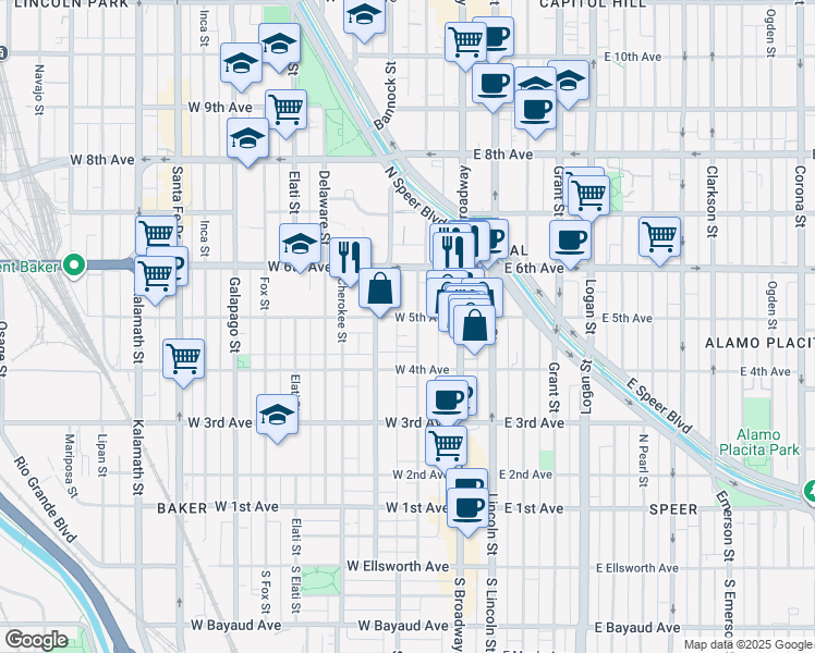 map of restaurants, bars, coffee shops, grocery stores, and more near 155 West 5th Avenue in Denver