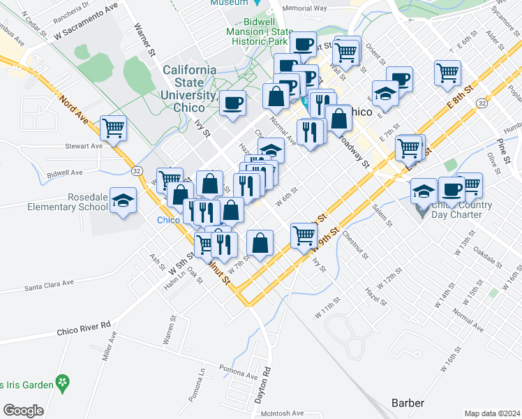 map of restaurants, bars, coffee shops, grocery stores, and more near 528 Ivy Street in Chico