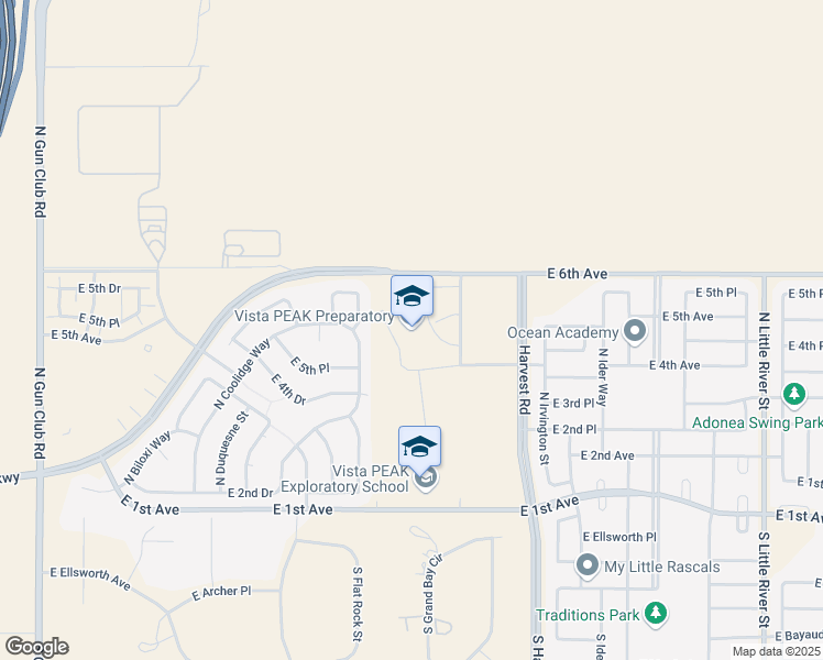 map of restaurants, bars, coffee shops, grocery stores, and more near 24500 East 6th Avenue in Aurora