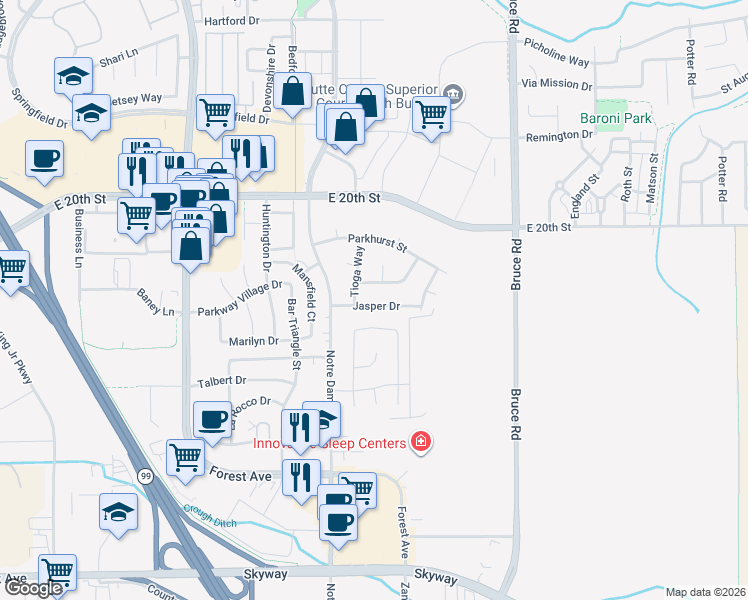 map of restaurants, bars, coffee shops, grocery stores, and more near 14 Jasper Drive in Chico