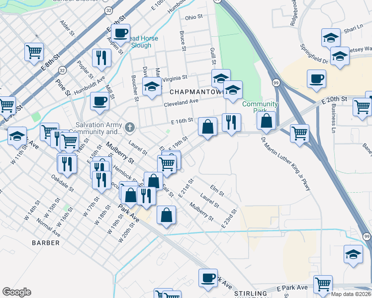 map of restaurants, bars, coffee shops, grocery stores, and more near 770 East 20th Street in Chico