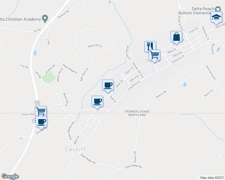 map of restaurants, bars, coffee shops, grocery stores, and more near 309 Main Street in Delta