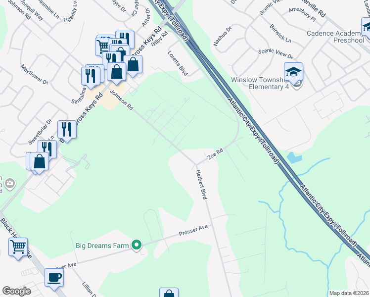 map of restaurants, bars, coffee shops, grocery stores, and more near 614 Johnson Road in Sicklerville
