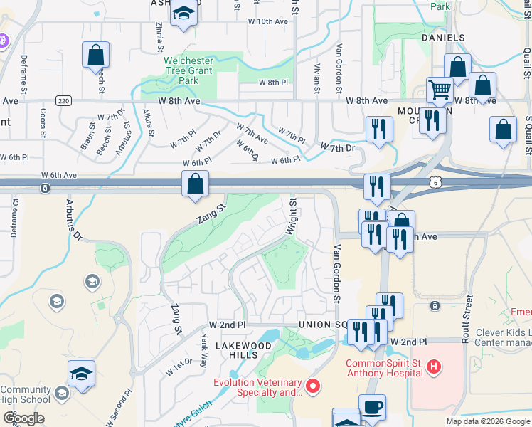 map of restaurants, bars, coffee shops, grocery stores, and more near 579 Wright Street in Lakewood