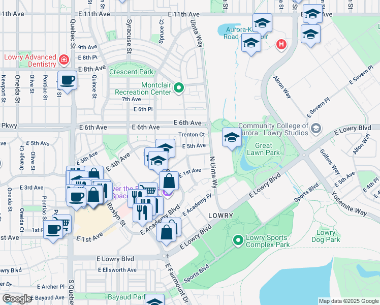map of restaurants, bars, coffee shops, grocery stores, and more near 508 Ulster Way in Denver