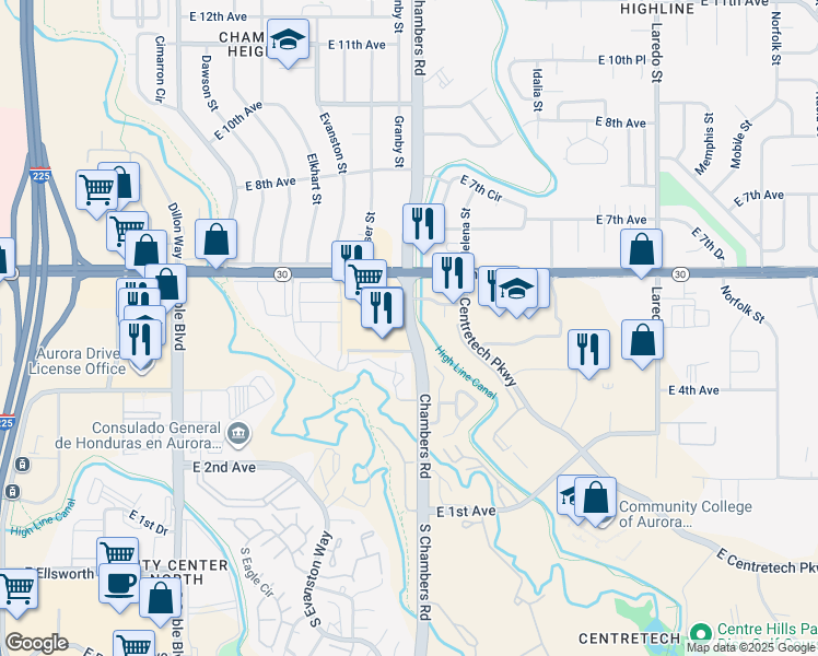 map of restaurants, bars, coffee shops, grocery stores, and more near 407 Chambers Road in Aurora