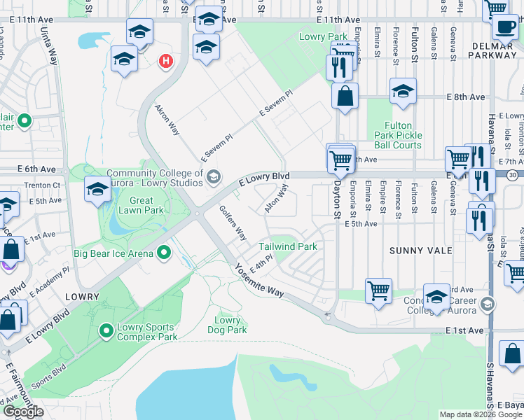 map of restaurants, bars, coffee shops, grocery stores, and more near 561 Alton Way in Denver