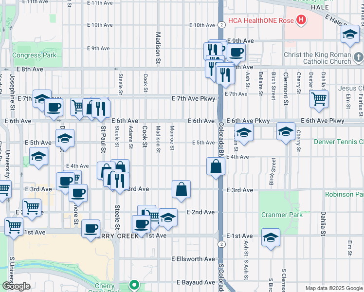 map of restaurants, bars, coffee shops, grocery stores, and more near 520 Monroe Street in Denver