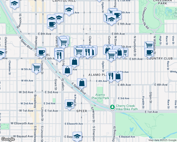 map of restaurants, bars, coffee shops, grocery stores, and more near 518 North Clarkson street in Denver