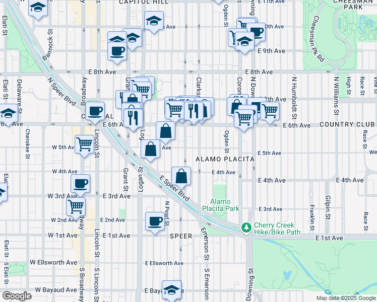map of restaurants, bars, coffee shops, grocery stores, and more near 515 North Washington Street in Denver