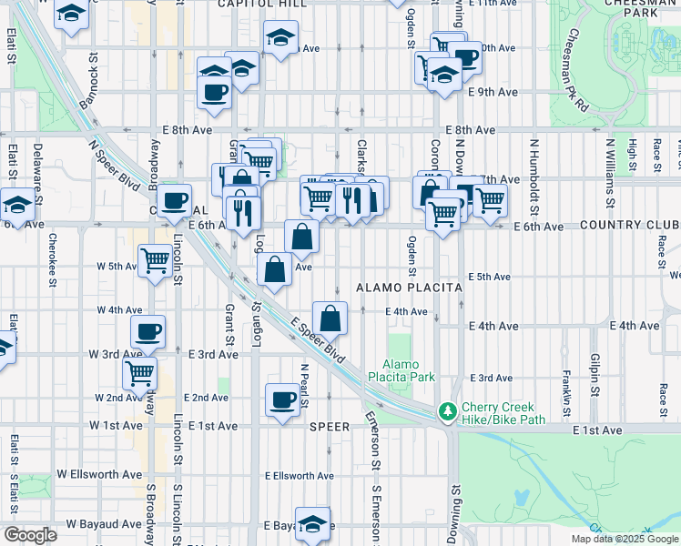 map of restaurants, bars, coffee shops, grocery stores, and more near 515 North Washington Street in Denver