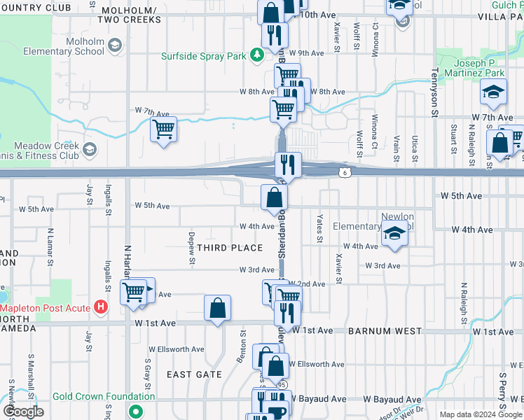 map of restaurants, bars, coffee shops, grocery stores, and more near 505 Sheridan Boulevard in Lakewood