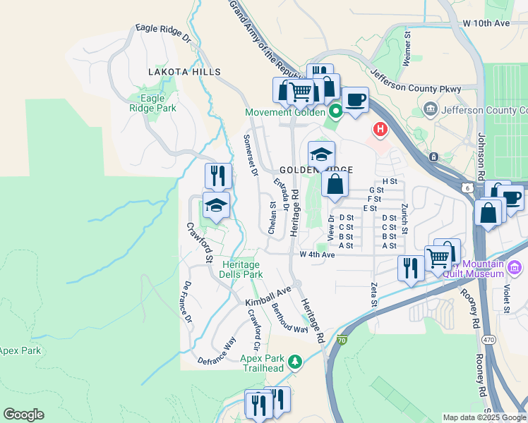 map of restaurants, bars, coffee shops, grocery stores, and more near 531 Chelan Street in Golden