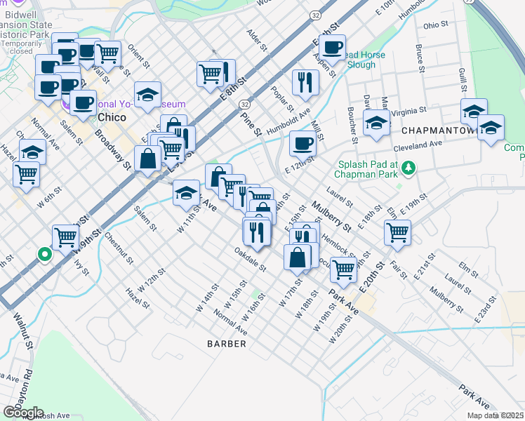 map of restaurants, bars, coffee shops, grocery stores, and more near 1304 Hemlock Street in Chico
