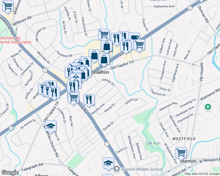 map of restaurants, bars, coffee shops, grocery stores, and more near 4400 Verona Drive in Wilmington