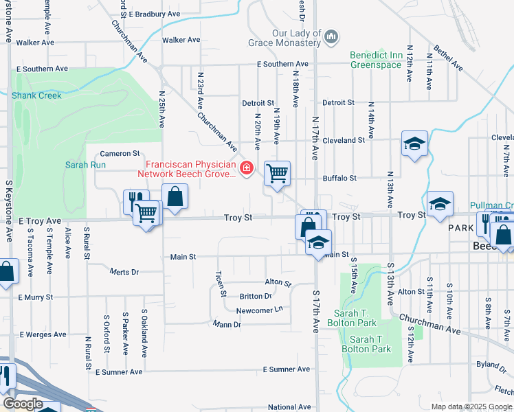 map of restaurants, bars, coffee shops, grocery stores, and more near 2030 Churchman Avenue in Beech Grove