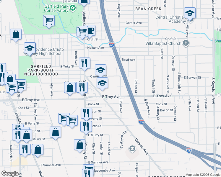 map of restaurants, bars, coffee shops, grocery stores, and more near 1202 East Troy Avenue in Indianapolis