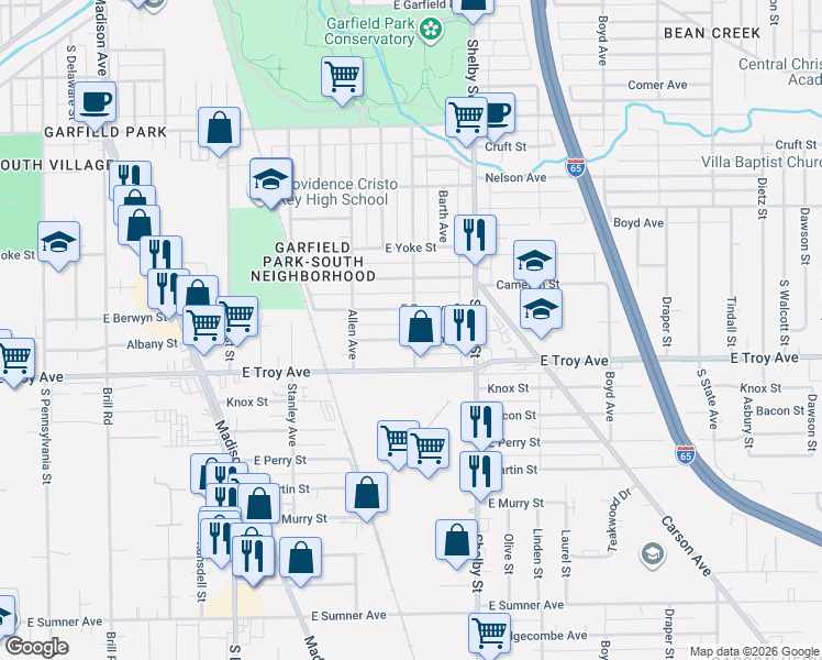 map of restaurants, bars, coffee shops, grocery stores, and more near 961 East Berwyn Street in Indianapolis