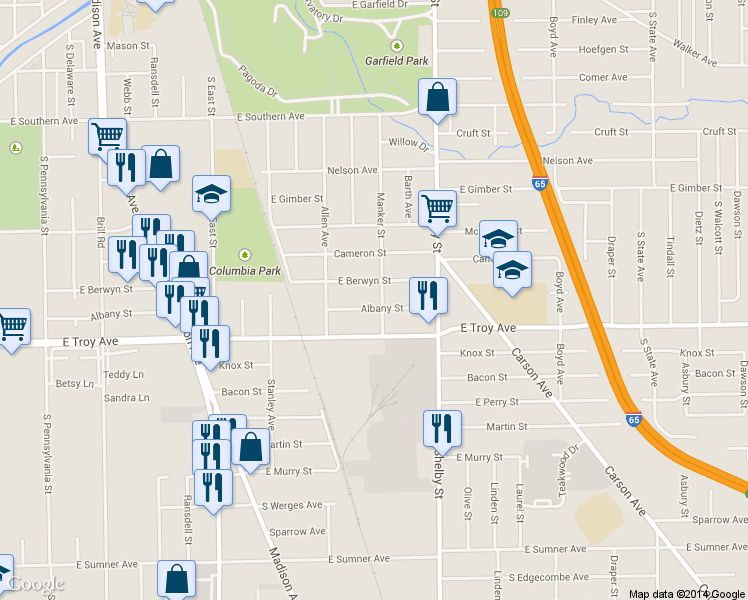 map of restaurants, bars, coffee shops, grocery stores, and more near 961 East Berwyn Street in Indianapolis
