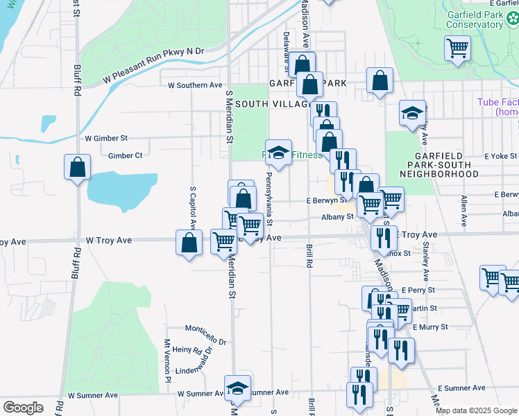 map of restaurants, bars, coffee shops, grocery stores, and more near 2832 South Pennsylvania Street in Indianapolis