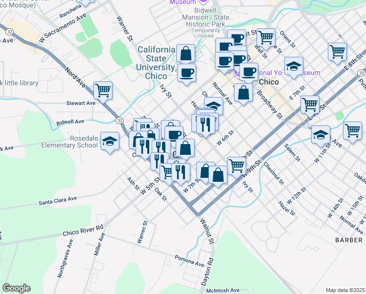 map of restaurants, bars, coffee shops, grocery stores, and more near 417 Orange Street in Chico