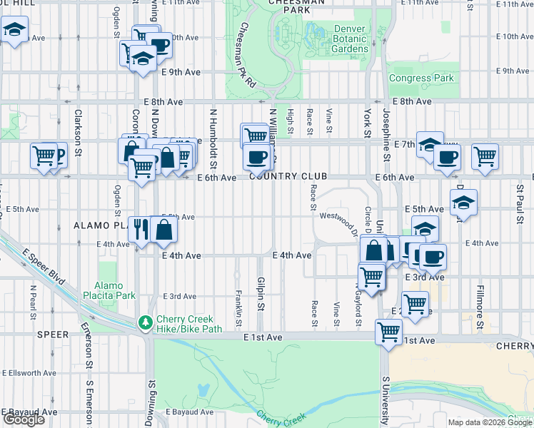 map of restaurants, bars, coffee shops, grocery stores, and more near 536 Gilpin Street in Denver