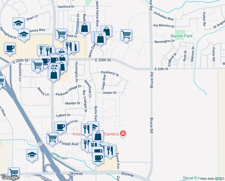 map of restaurants, bars, coffee shops, grocery stores, and more near 18 Jasper Drive in Chico