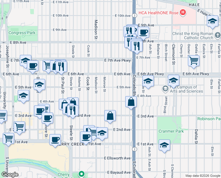 map of restaurants, bars, coffee shops, grocery stores, and more near 520 Monroe Street in Denver