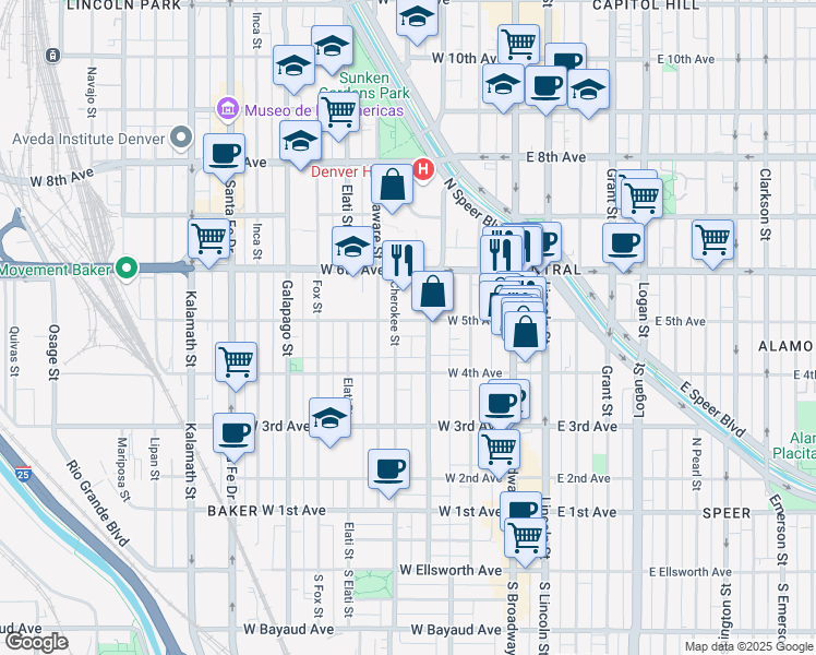 map of restaurants, bars, coffee shops, grocery stores, and more near 536 Cherokee Street in Denver