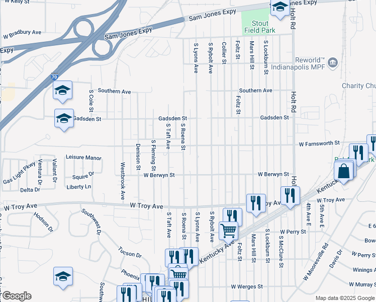 map of restaurants, bars, coffee shops, grocery stores, and more near 2805 South Roena Street in Indianapolis