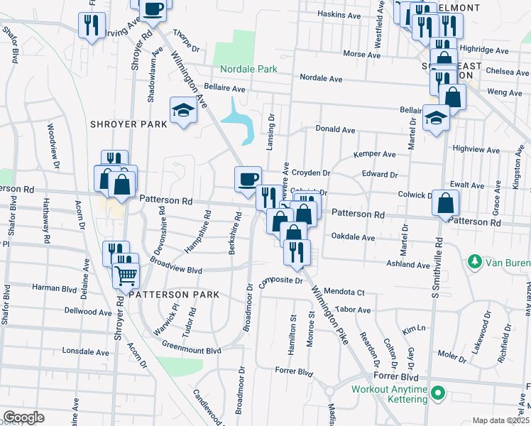 map of restaurants, bars, coffee shops, grocery stores, and more near 973 Patterson Road in Dayton