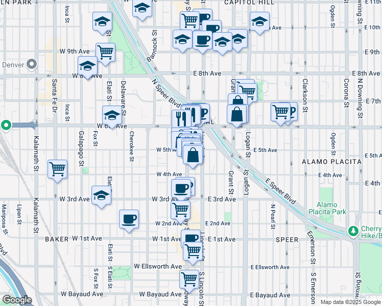 map of restaurants, bars, coffee shops, grocery stores, and more near 507 Lincoln Street in Denver