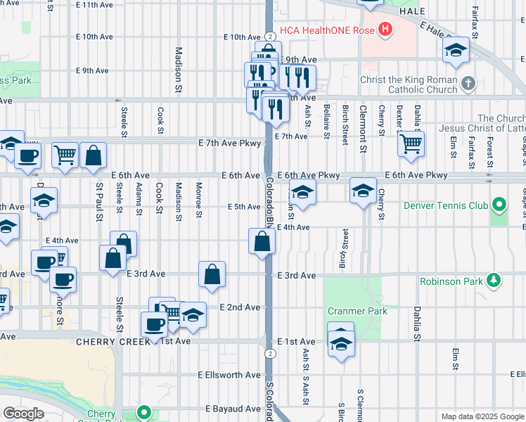 map of restaurants, bars, coffee shops, grocery stores, and more near 517 Harrison Street in Denver