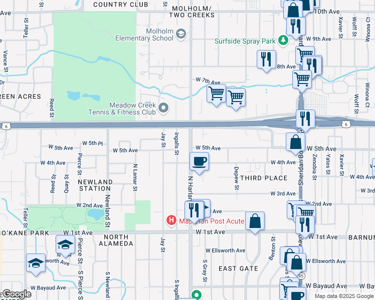 map of restaurants, bars, coffee shops, grocery stores, and more near 431 North Harlan Street in Lakewood