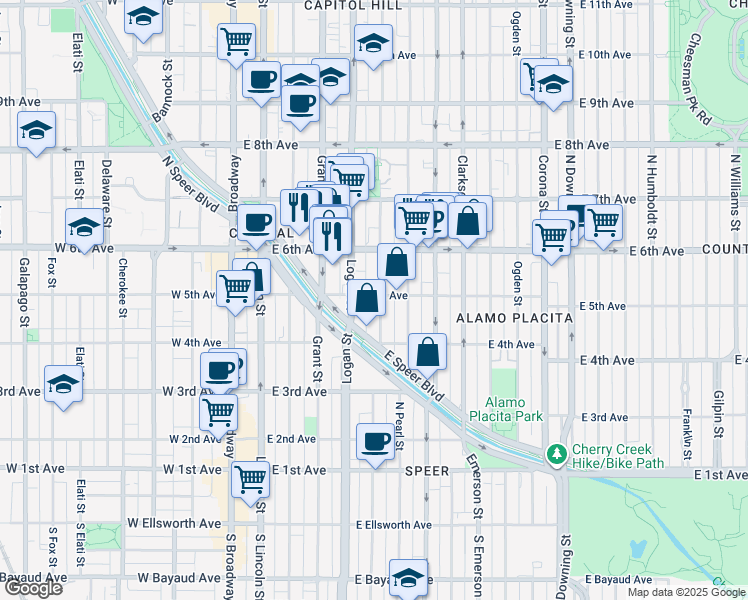 map of restaurants, bars, coffee shops, grocery stores, and more near 520 Logan Street in Denver