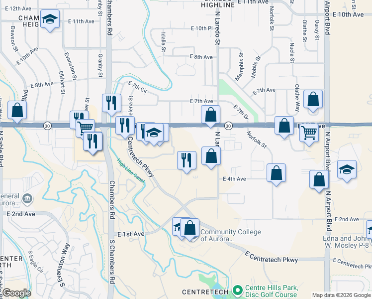 map of restaurants, bars, coffee shops, grocery stores, and more near 15800 East 6th Avenue in Aurora